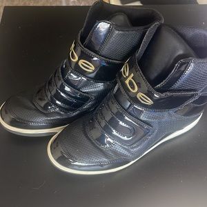 Vintage Bebe 'correy” black wedge sneakers, gold accent BEBE Velcro, quilted, 10